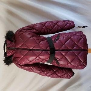 NEW Sebby Diamond Faux Fur Trim Belted Puffer Jacket